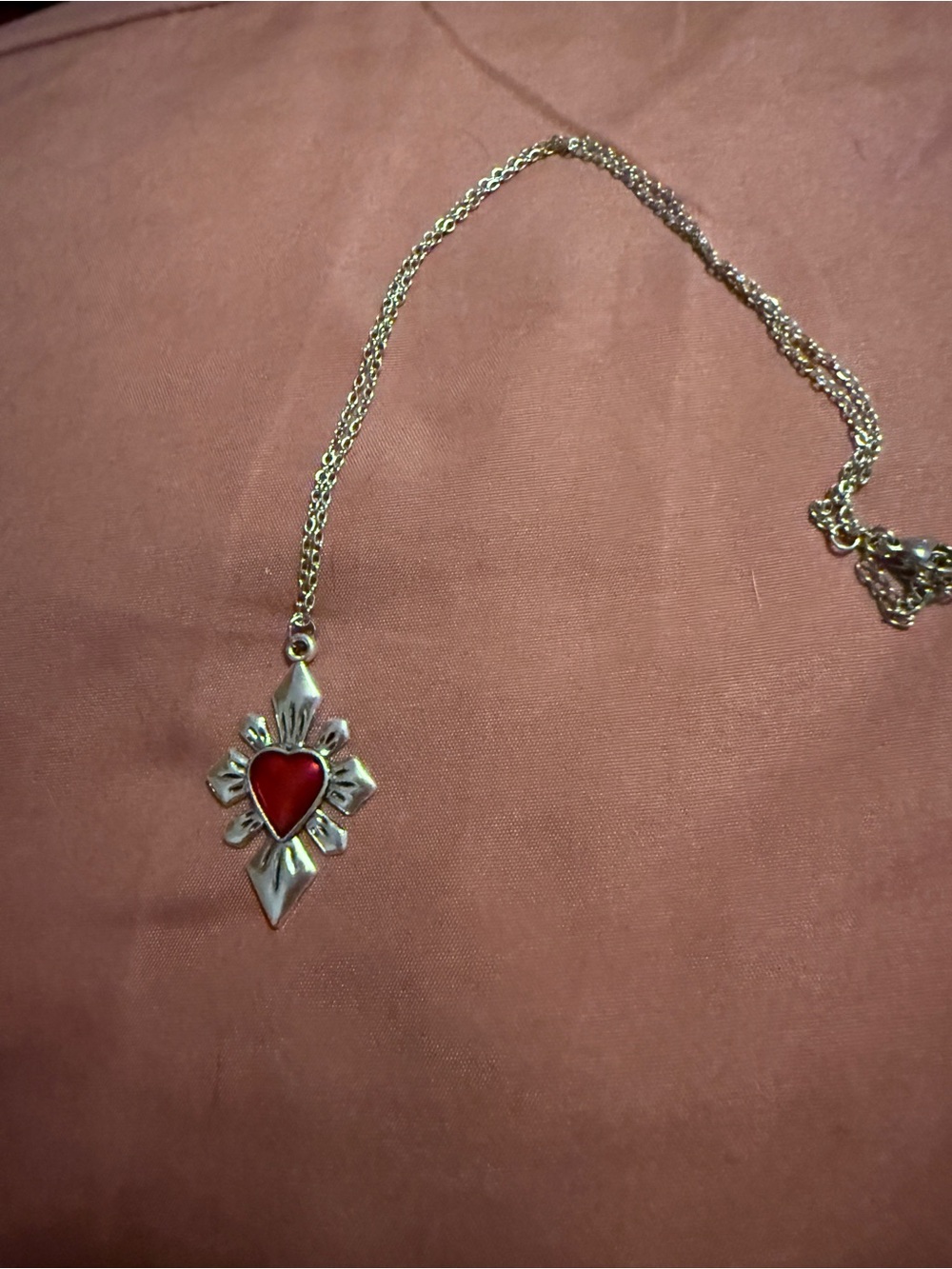Silver Heart Pendant Necklace with Red Enamel Accent